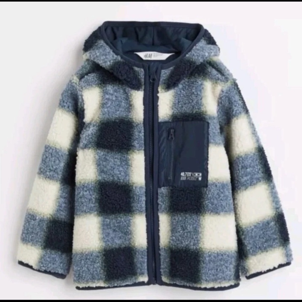 H&M Teddy Jacket Boys Blue Checkered Jersey Lined